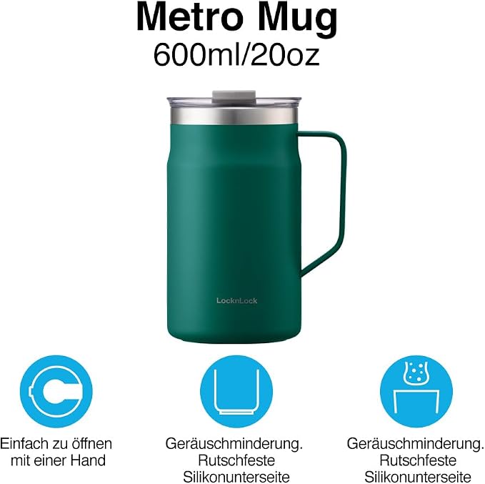 LocknLock Metro Mug, Premium 18/8 Stainless Steel Metal, Double Wall Insulated, Portable Coffee Cup with Lid and Handle for Hot and Cold Drinks, Blue, 20 oz - Image 3