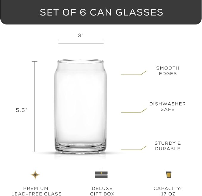 JoyJolt Drinking Glass Cups Set of 6-16oz Beer Can Glasses. Clear Soda Can Shaped Glass Cups, Cute Iced Coffee Cup Tumblers, Cold Drink Glassware, Unique Water, Tea, Cocktail Glass Set - Image 2