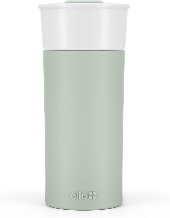 Ello Ogden 16oz Ceramic Travel Mug with Slider Lid and Sleeve, Honeydew | Splash-resistant ceramic travel mug with slider lid and protective silicone sleeve. BPA-free, great for coffee and tea. by Ello