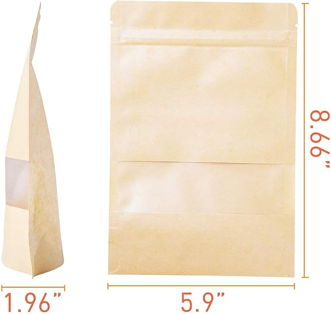 Kraft Stand Up Pouches bags 100 Pcs,Brown Resealable Bags with Window for Home or Business,Coffee,Food Storage Bags,Sealable Bags for Packaging(5.9×8.6) - Image 2