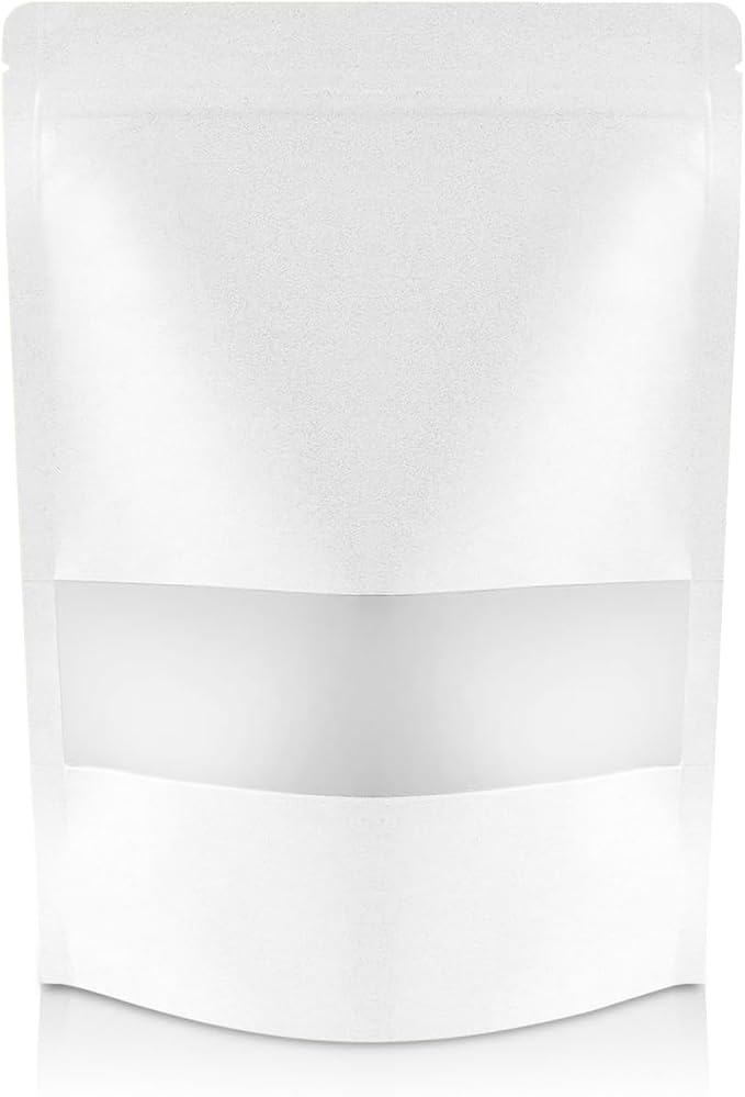 DiRose White Kraft Stand Up Pouches with Window, Reclosable Food Storage Bags, Heat Sealable Stand Up Pouch for Coffee, Candy, Nuts, Tea, Spices – 8 oz (100 Pack) by DiRose