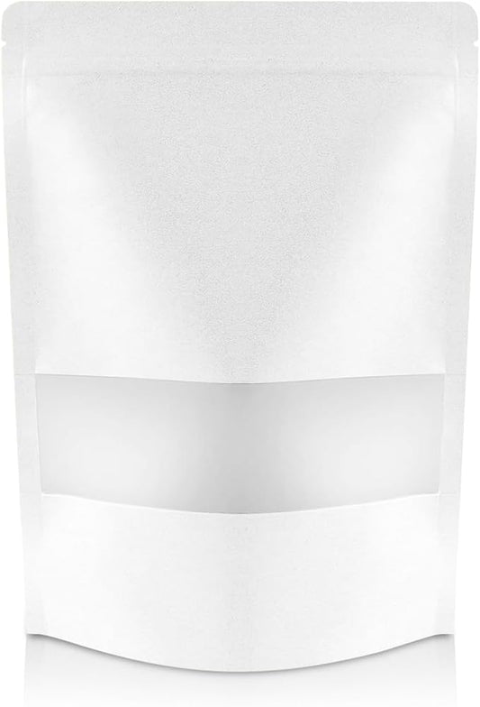 DiRose White Kraft Stand Up Pouches with Window, Reclosable Food Storage Bags, Heat Sealable Stand Up Pouch for Coffee, Candy, Nuts, Tea, Spices – 8 oz (300 Pack) by DiRose