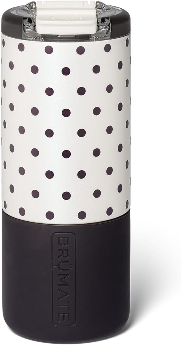 BrüMate Strova 18oz 100% Leakproof Insulated Coffee Mug | Ceramic-Lined Interior | Built-In Silicone Sleeve for Travel | Locking Flip Lid (Polka Pearl) by Br%C3%BCMate