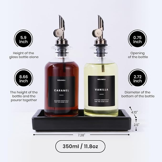 Molimoli Oil and Vinegar Dispenser with Metal Pour Spout, Weighted Pourer, Glass Bottle Dispenser for Kitchen w. Ceramic Tray|Black, 350ml, Set of 2 - Image 3