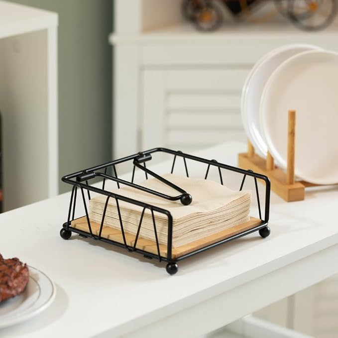 Flat Metal Square Napkin Holder with Weighted Arm and a Wooden Tray Perfect for Adorning Dining Table, Kitchen Countertop and Napkin Holder for Bathroom also Good for Outdoor Table at Restaurant - Image 4