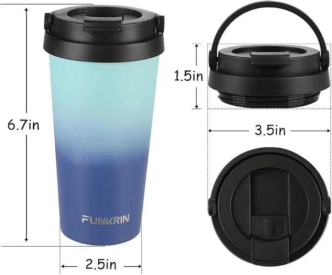 Funkrin Insulated Coffee Mug with Ceramic Coating, 16oz Iced Coffee Tumbler Cup with Flip Lid and Handle, Double Wall Vacuum Leak-Proof Travel Mug for Office School Party Camping - Image 6