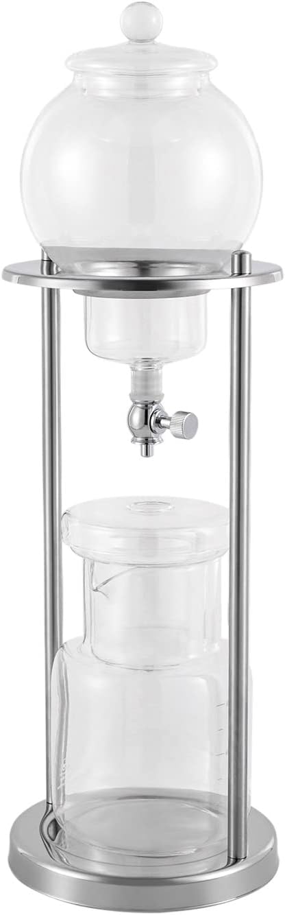 Metal Cold Brew Drip Tower, Clear+Silver Ice Cold Drip Tower 6-8 Cups 600ml -20-150°C Temperature Range With Slow Drip TechnologyIBamboo Straight Frame for Home Office Drip Coffee Maker
