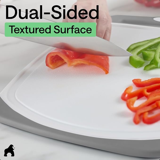GORILLA GRIP BPA-Free Reversible Kitchen Cutting Board Set of 3, US Designed, Nonporous, Juice Grooves Catch Liquid, Slip Resistant Border, Dishwasher Safe, Durable Large Food Chopping Boards, Gray - Image 6