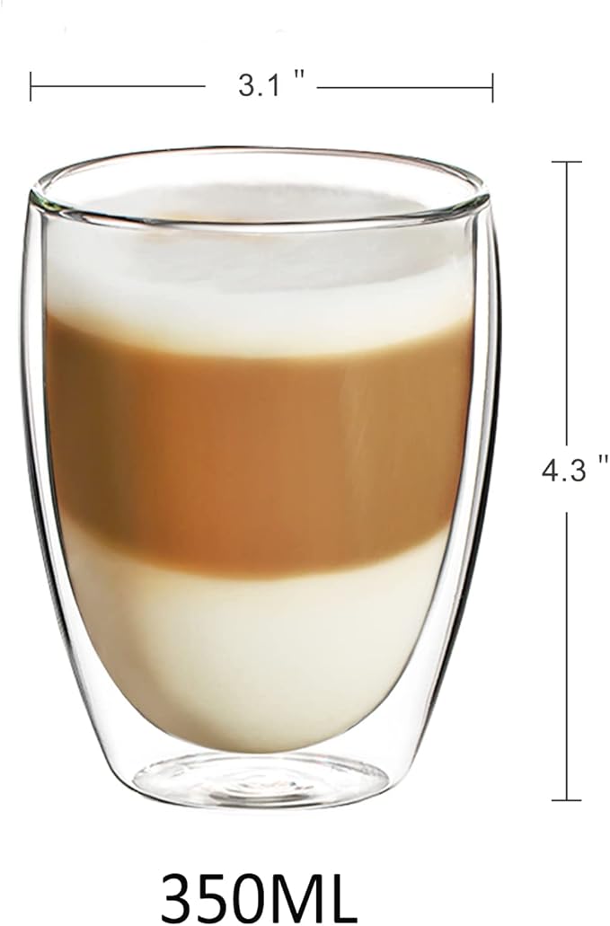 Joeyan 12oz Double Walled Glass Coffee Mugs Set of 4, Insulated Latte Glasses for Hot or Cold Drinks, Clear Glass Coffee Cups with Spoon for Espresso Iced Tea Cappuccino Macchiato Juice