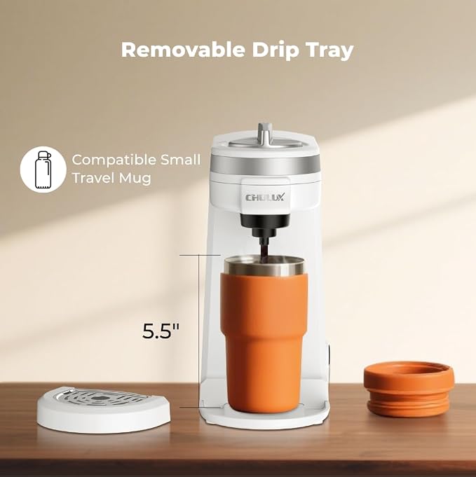 CHULUX Mini Single Serve Coffee Maker, Portable Pod Coffee Machine, White | Fast-Heating Boiler System, Single Cup Brewing, Portable Compact Design, Four-Hole Multi-Stream Needle, Adjustable Drip Tray - Image 7