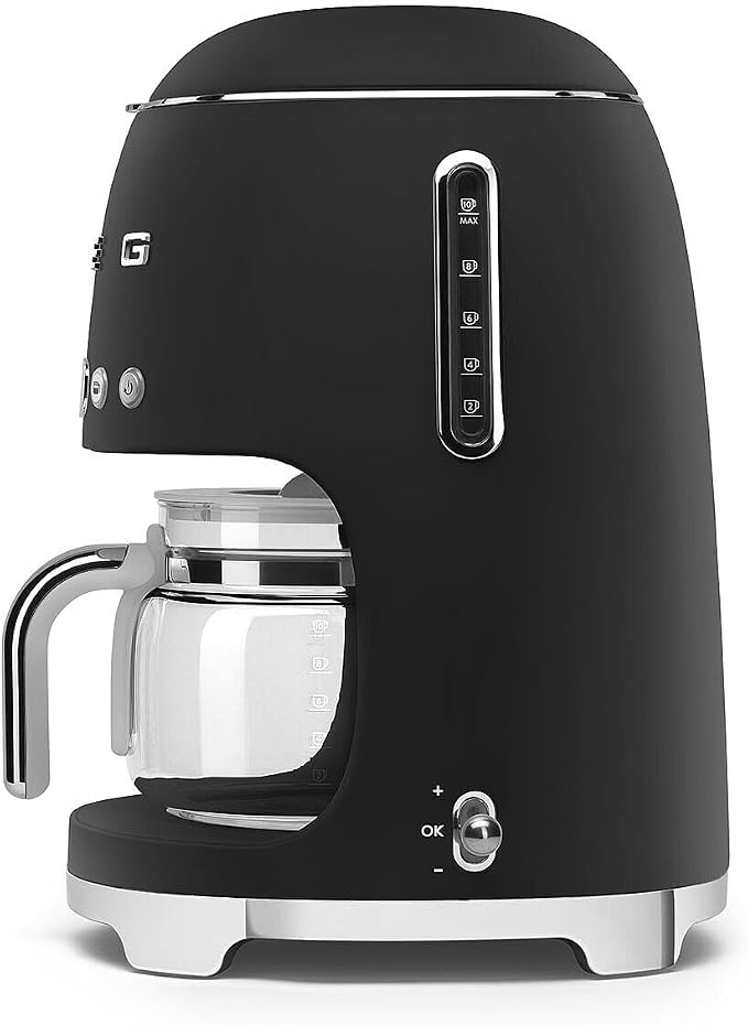 Smeg 50's Retro Style Aesthetic Drip Coffee Machine with 10 Cup Glass Carafe, Auto Start Feature, Keep Warm Plate, and Two Coffee Strength Settings (Matte Black) - Image 3