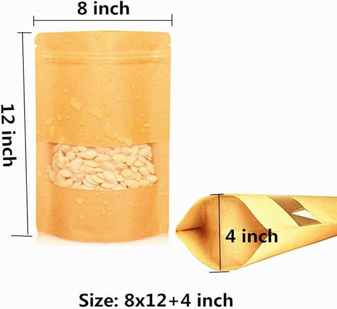 Kraft Paper Bags With Matt Window And Zip Decorative Brown Heavy Duty Heat Seal Recycled Resealable Mylar Stand Up Pouches Bags Sealable For DIY Food Snack Cookies Candy Coffee(8x12+4inch) - Image 2