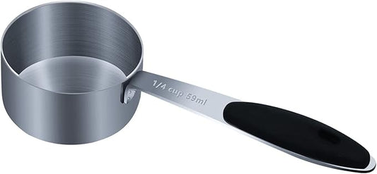 1PCS 1/4Cup (59ml, 2oz) Single Measuring Cup with Black Silicone Grip, Stainless Steel Individual Measure Scoop Only