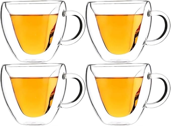 Heart-Shaped Double Wall Coffee Mugs, Set of 4 Insulated Glass Cups, 8.5 oz - Ideal for Coffee and Tea (8.5oz,4pcs)