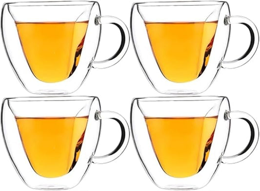Heart-Shaped Double Wall Coffee Mugs, Set of 4 Insulated Glass Cups, 8.5 oz - Ideal for Coffee and Tea (8.5oz,4pcs)
