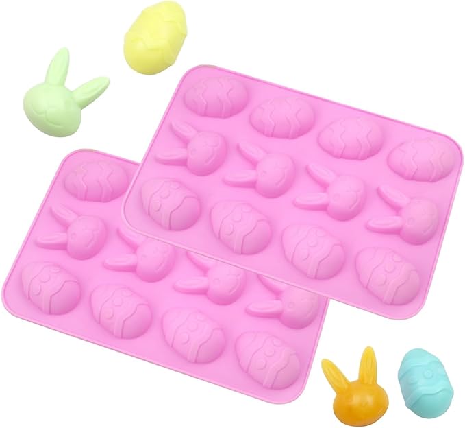 LeLehome 2PCS Eater Egg Bunny Silicone Molds, Non-Stick Festival Holiday Chocolate Cupcake Cake Candy Candle Soap Resin Ice Cube Baking Mold Eggs Rabbits Shaped, Pink