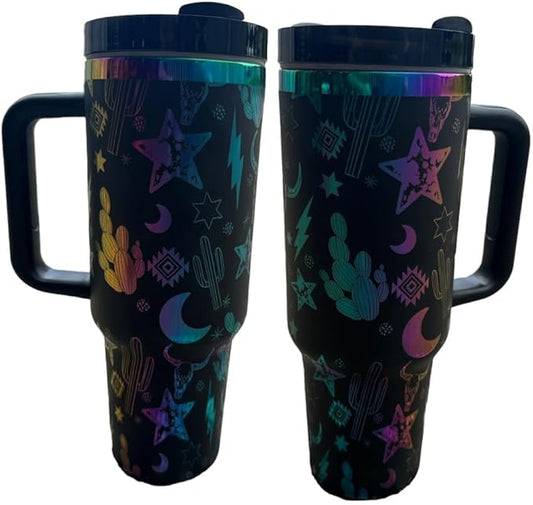 Western Engraved 40oz Tumbler, Tumbler with handle, Cowgirl Tumbler, Country Mug with Handle (Black/Rainbow- Western 3.0)