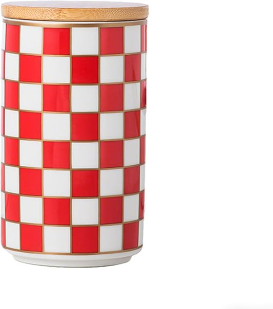 Kitchen Countertop Ceramic Checkered Canisters,Black And White Food Storage Containers With Lid,Airtight Kitchen Canisters for Flour, Sugar, Coffee, Tea, and Dry Goods (Red, Large) by XYQXYQ