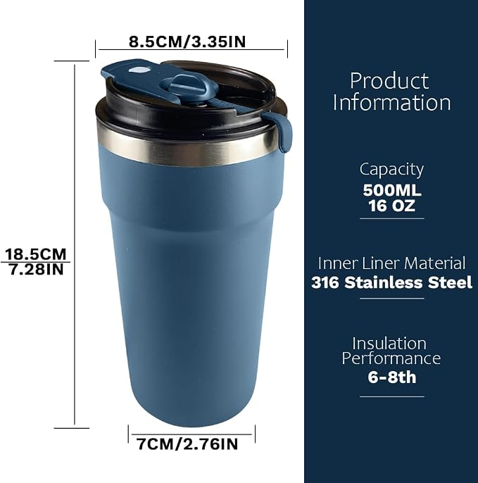 SPLMIFA Travel Coffee Mugs Leak-Proof, Reusable Coffee Cups with Lids, Stainless Steel Vacuum Insulated Coffee Tumblers, Thermal Insulation Cups for Men and Women Hot & Cold Drinks(4th-Blue, 16OZ) - Image 4