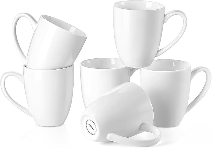 Mfacoy Porcelain Coffee Mugs Set of 6, 13 Ounce Coffee Cups with Handle, Ceramic Tea Mugs for Latte, Hot Tea, Cappuccino, Mocha, Cocoa, Mug Gift Set, Dishwasher and Microwave Safe, White by Mfacoyisalifestylebrand