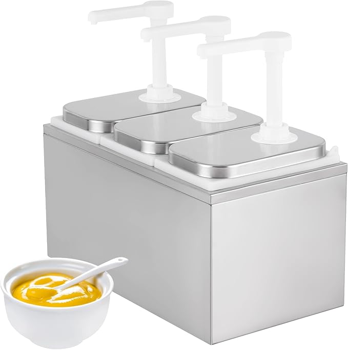 6L Sauce Dispenser Pump Stainless Steel Condiment Pump Station Condiment Pump Dispenser with 3 of 2.1 Quart Jars