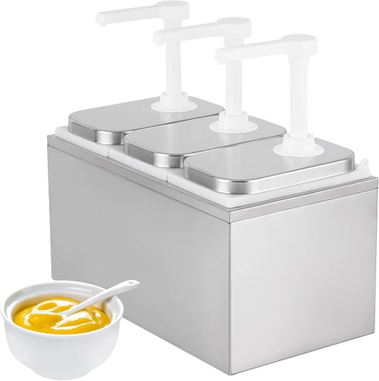 6L Sauce Dispenser Pump Stainless Steel Condiment Pump Station Condiment Pump Dispenser with 3 of 2.1 Quart Jars