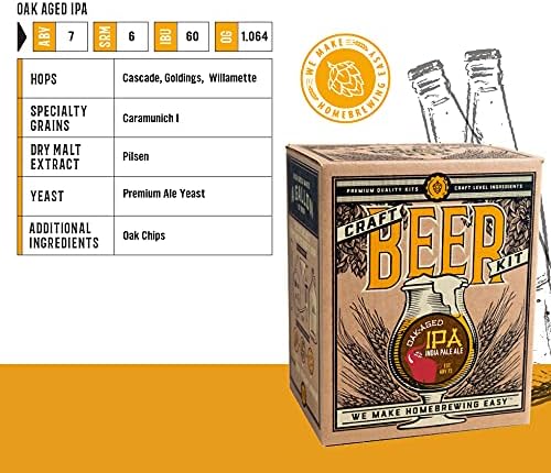 Craft A Brew - Oak Aged IPA - Beer Making Kit - Make Your Own Craft Beer - Complete Equipment and Supplies - Starter Home Brewing Kit - 1 Gallon
