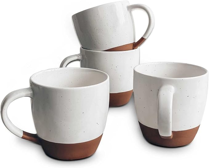 Mora Ceramic Large Latte Mug Set of 4, 16oz - Microwavable, Porcelain Coffee Cups With Big Handle - Modern, Boho, Unique Style For Any Kitchen. Microwave Safe Stoneware - Vanilla White by MORA