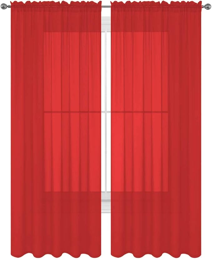 2 Piece Solid Elegant Sheer Curtains Fully Stitched Panels Window Treatment Drape (54" X 45", Red) by Decotex