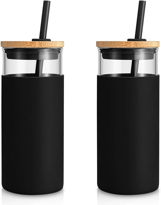 Tronco 20 oz Glass Tumbler with Lid and Straw, Iced Coffee Cup and Smoothie Cup with Bamboo Lids & Protective Silicone Sleeve, Dishwasher Safe, BPA-Free, Glass Cup 2 Pack