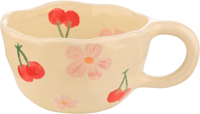 VanEnjoy Ceramic Cup, Cute Coffee Mug, Strawberry Mug, Aesthetic Coffee Mug, Retro Flower Mug, Ceramic Tea, 10oz/300ml for Tea Coffee, Milk and Oatmeal by VanEnjoy