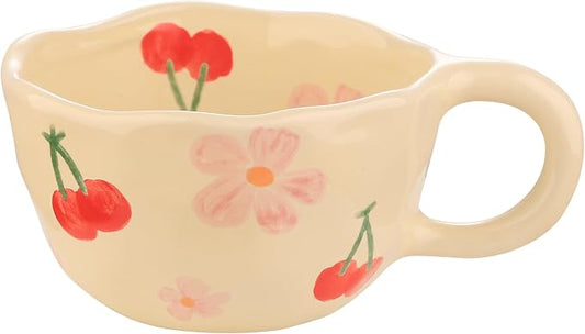 VanEnjoy Ceramic Cup, Cute Coffee Mug, Strawberry Mug, Aesthetic Coffee Mug, Retro Flower Mug, Ceramic Tea, 10oz/300ml for Tea Coffee, Milk and Oatmeal by VanEnjoy