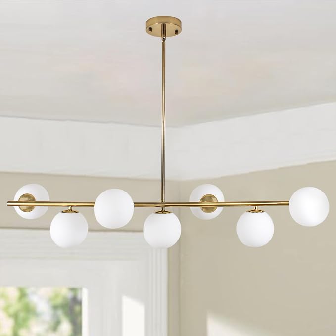 Modern Linear Gold Chandelier for Dining Room, 7-Light Adjustable Dimmable Ceiling Light with Glass Globes, Kitchen Island Pendant Lighting Mid Century Light Fixture for Living Room Bedroom Foyer - Image 9