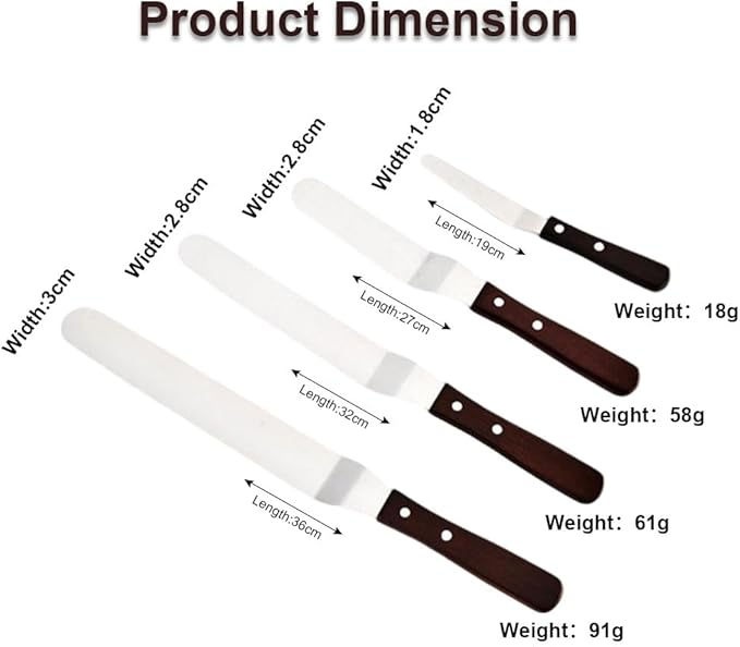 Offset Cake Icing Spatula Set of 4- Professional Stainless Steel Cake Decorating Spatulas, 4"-6"-8"-10" Flexible Resistant Blade with Wooden Handle