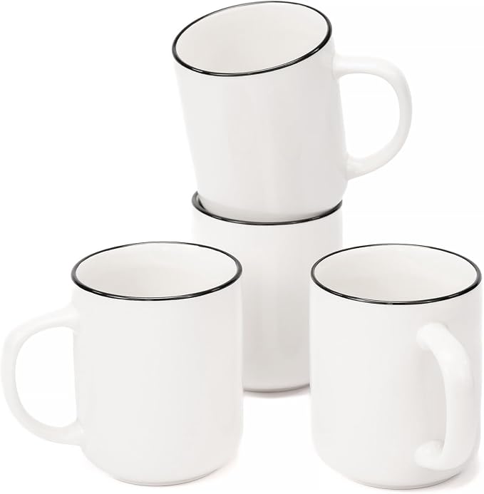 OTAGO Coffee Mugs for 4, 12 oz Mug Set, Dringking Cup with Handle for Coffee, Tea, Cocoa, Milk, Black Rim by OTAGO