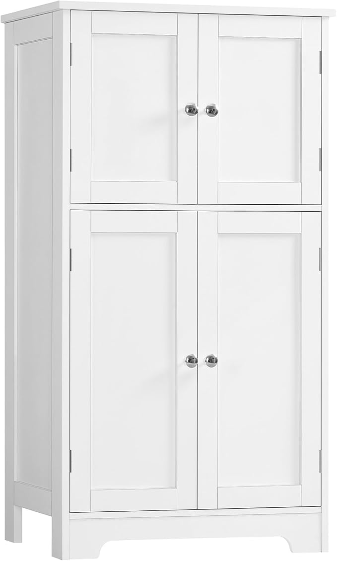 TEENFON Bathroom Floor Storage Cabinet, Freestanding Bathroom Storage Unit with 2 Adjustable Shelves & 4 Doors, White by TEENFON