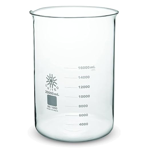 United Scientific™(20000mL) 20 Liter Glass Beaker - Low Form Griffin, 3.3 Borosilicate Glass Beaker, Double Scale Graduated Chemistry Glassware, Pour Spout, Autoclavable Laboratory Glassware, 1 Each by UnitedScientific