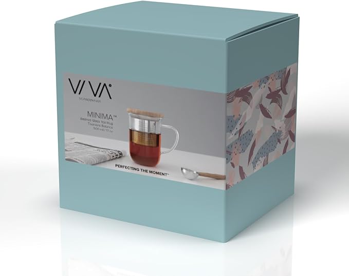 VIVA Minima Balance Glass Infuser Tea Cup - 17 oz / 500 ml Mug with Stainless Steel Infusion Mesh and Bamboo Wood Lid