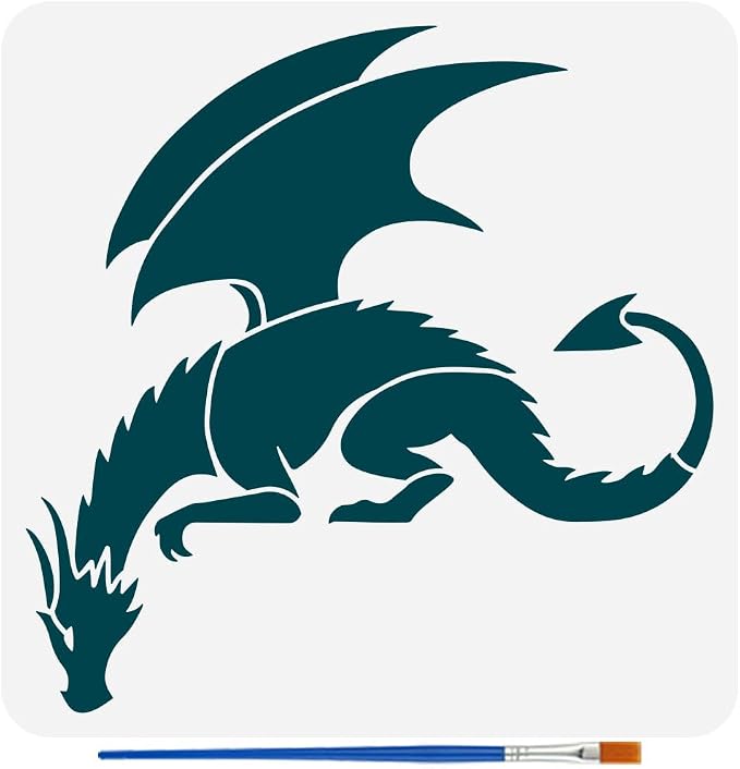 FINGERINSPIRE Dragon Painting Stencil with Paint Brush 11.8x11.8inch Pterosaur Drawing Template Dragon Pattern Stencil Corner Theme Decoration Template for Painting on Wood Wall Fabric Furniture by FINGERINSPIRE