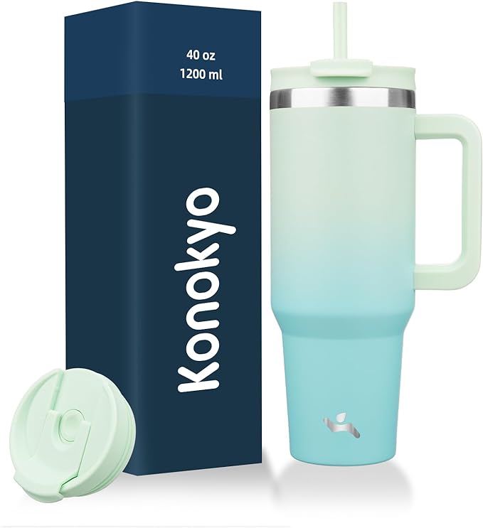 Konokyo 40 oz Insulated Tumbler Water Bottle with Handle, Straw Lid | BPA-free and dishwasher safe; made for gym, travel, coffee and gifting, 2 straws, cup holder friendly,Mint by Konokyo