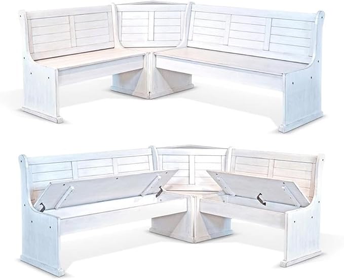Pemberly Row 75" x 56" Farmhouse Wood Breakfast Nook Set with Table, Storage, Reversable Benche, L-Shaped Corner Bench, for Dining Room, in Marble White Finish - Image 7
