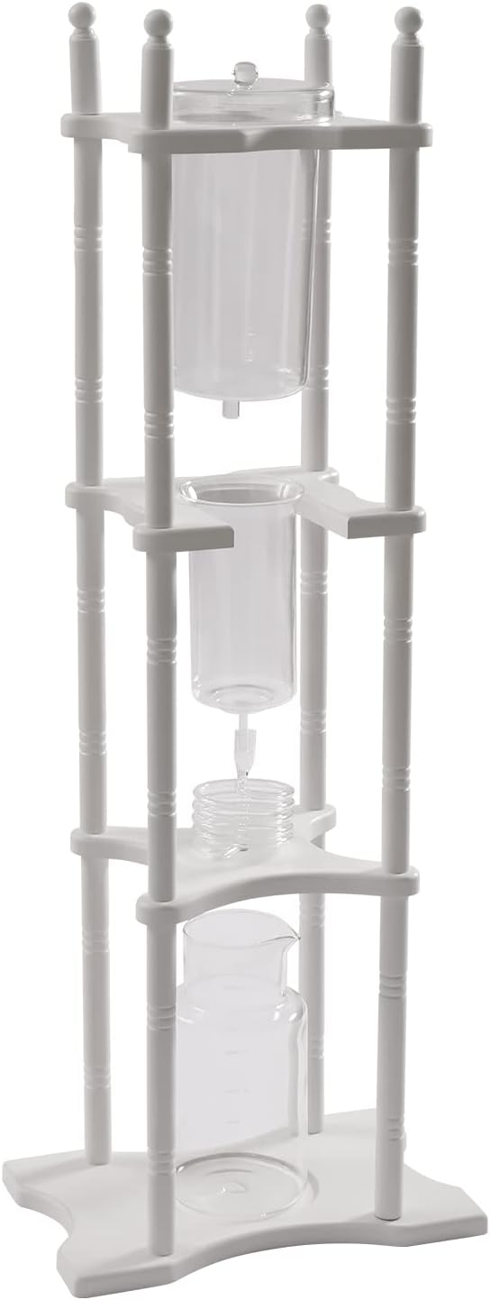 Cold Brew Drip Coffee Pot, Tower Cold Brew Coffee Machine, Glass Wooden Stand Ice Coffee Machine With Slow Drip Technology for Commercial Office 25 Cups White