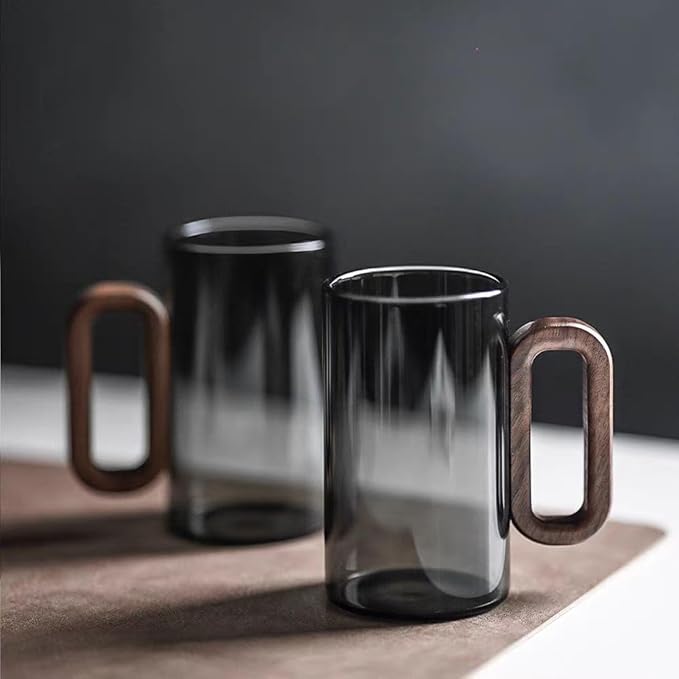 Borosilicate Glass Coffee Mug with Walnut Handle - 12oz Elegant Black Tumbler for Hot & Cold Drinks, Modern Office Tea Cup, Dishwasher Safe, 2.76" Diameter (360ml)