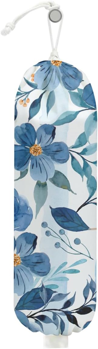 Watercolor Blue Flower Plastic Bag Holder, Wall Mount Grocery Bag Holder | Cottage Core Rustic Leaves Plastic Bag Holder, Reusable Grocery Bag Storage Dispenser, Farmhouse Kitchen Home Decor by Unknown