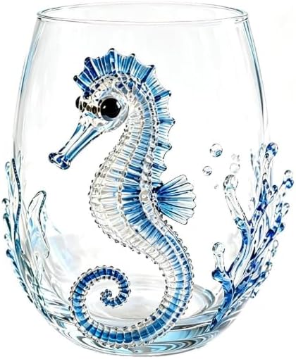 Artisanal Blue Ringed Octopus Glassware, Novelty Drinking Glass, 12 Oz Borosilicate Tumbler, Coastal Home Bar Accessories, Unique Ocean Lover Gift(Seahorse) by Unknown