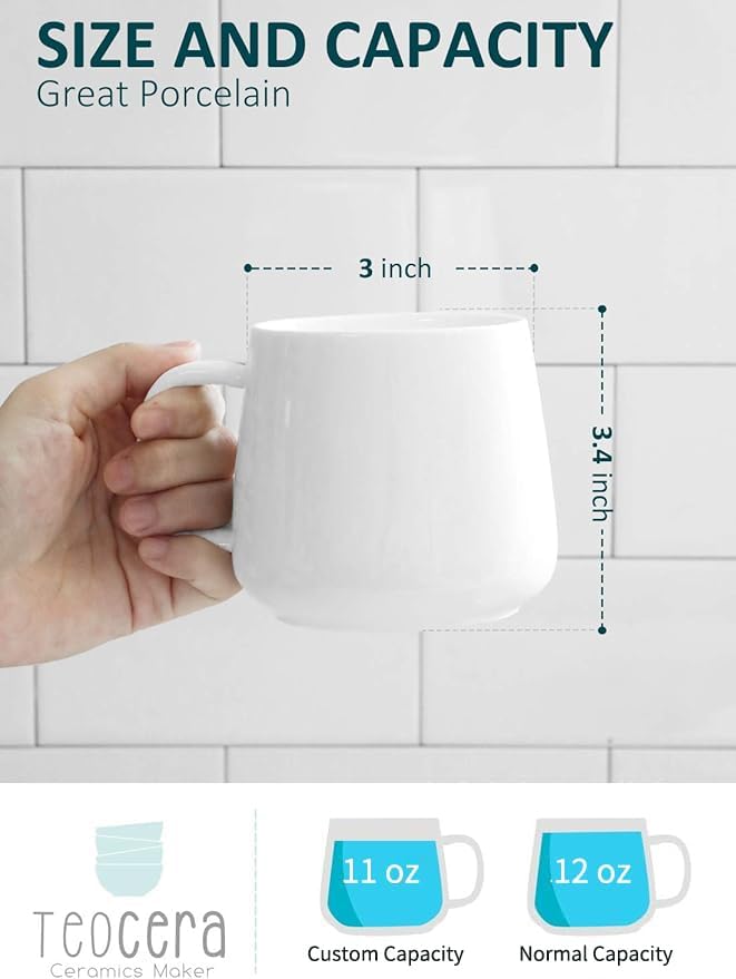 Teocera Coffee Mugs Set of 4-12oz Chip-Resistant Ceramic Cups with Ergonomic Handle | Dishwasher & Microwave Safe White Mugs | Keeps Beverage Hot, Perfect for Family Kitchen & Holiday Gifts - Image 2
