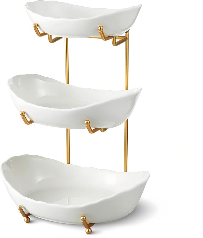 Ceramic Fruit Bowl for Kitchen Counter - 3 Tier Fruit Basket with Metal Stand, Tiered Fruit Stand for Countertop, Snack, Nuts, Cake, Dessert, Cute (Gold, Small) 1 by MakeYourHomeCozier%EF%BC%81