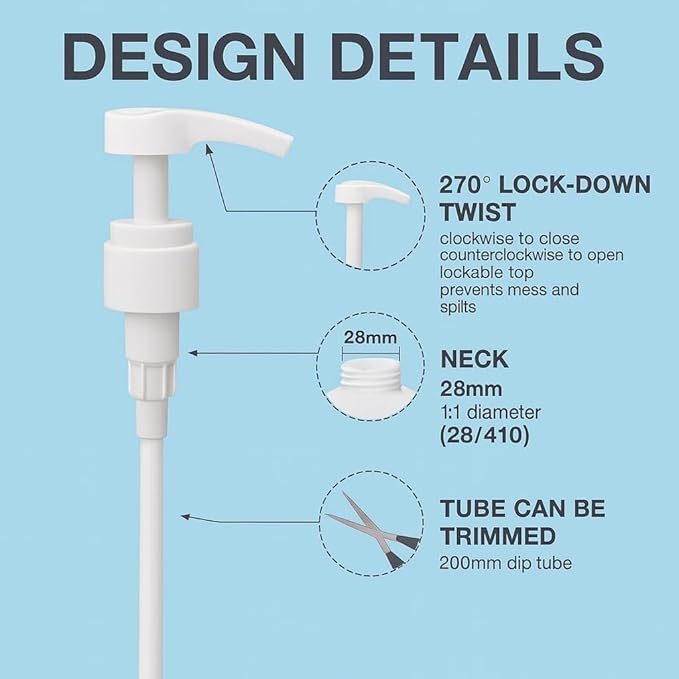 Universal Shampoo/Conditioner Dispenser Pump for Bottles, Leak Proof, Pump Top Fits 1 L/33.8 oz Bottles, 28/410 Neck Size, (White - Pack of 2)