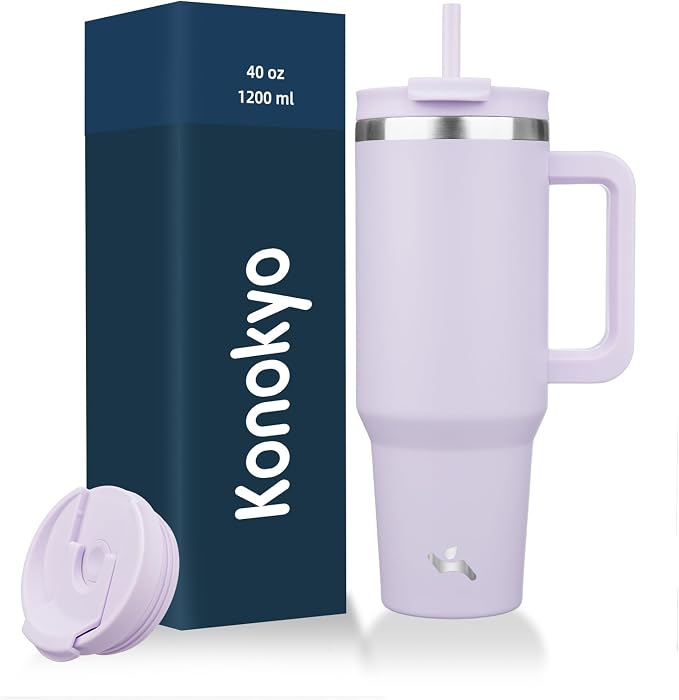 Konokyo 40 oz Insulated Tumbler Water Bottle with Handle, Straw Lid | BPA-free and dishwasher safe; made for gym, travel, coffee and gifting, 2 straws, cup holder friendly,Wisteria by Konokyo