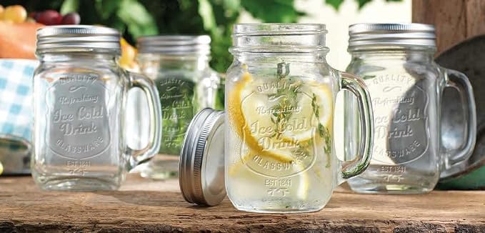 Glaver's Mason Drinking Jars – Set of 4, 15.25 Oz Clear Glass Jar with Handle and Lid. – Ice-Cold Drink Glassware Logo – Glass Mugs Ideal for Cold Beverages, Juice, Smoothie, Cocktails. - Image 4